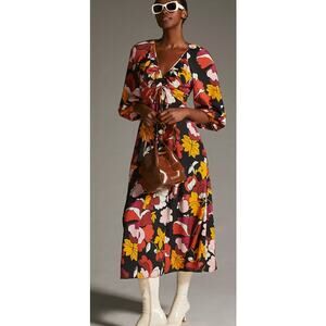Maeve  black and red 3/4 sleeve floral v neck maxi dress size 14